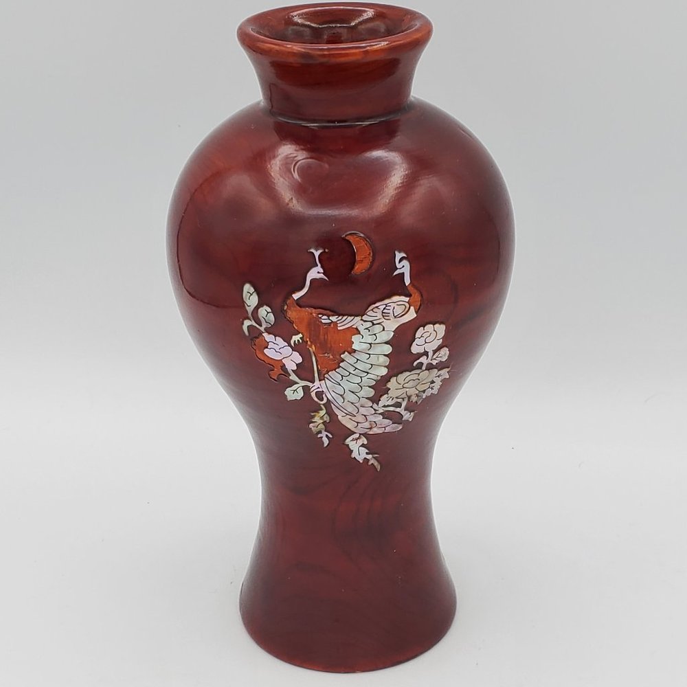 Lacquered Wood Vase, Mother of Pearl Inlay, Peacocks
